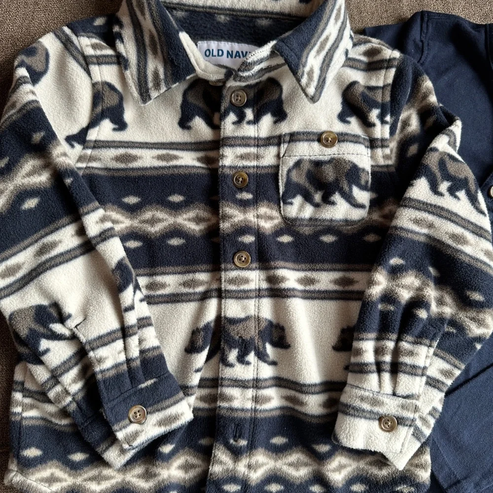 Old Navy Bear Print Shirt and Navy Henley